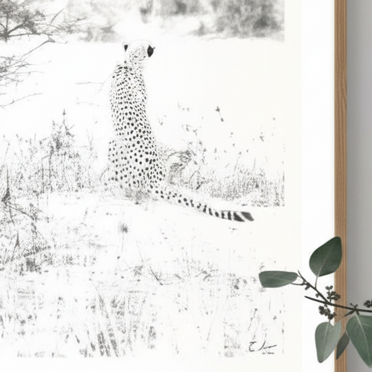A framed and matted black and white image of a cheetah looking off to the distance