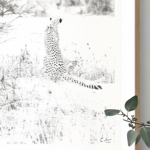 A framed and matted black and white image of a cheetah looking off to the distance